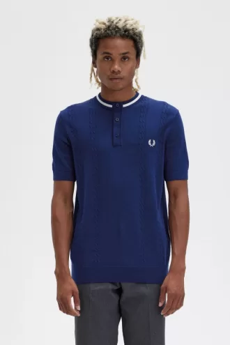 Fred Perry Cable Knit Henley Herrenhemd Franz&ouml;sisch Navy