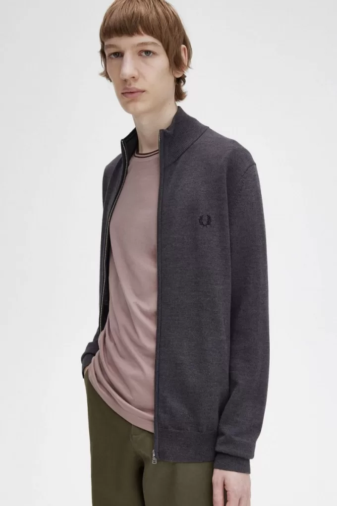Classic Zip Through Herren-Cardigan, dunkelgrau meliert
