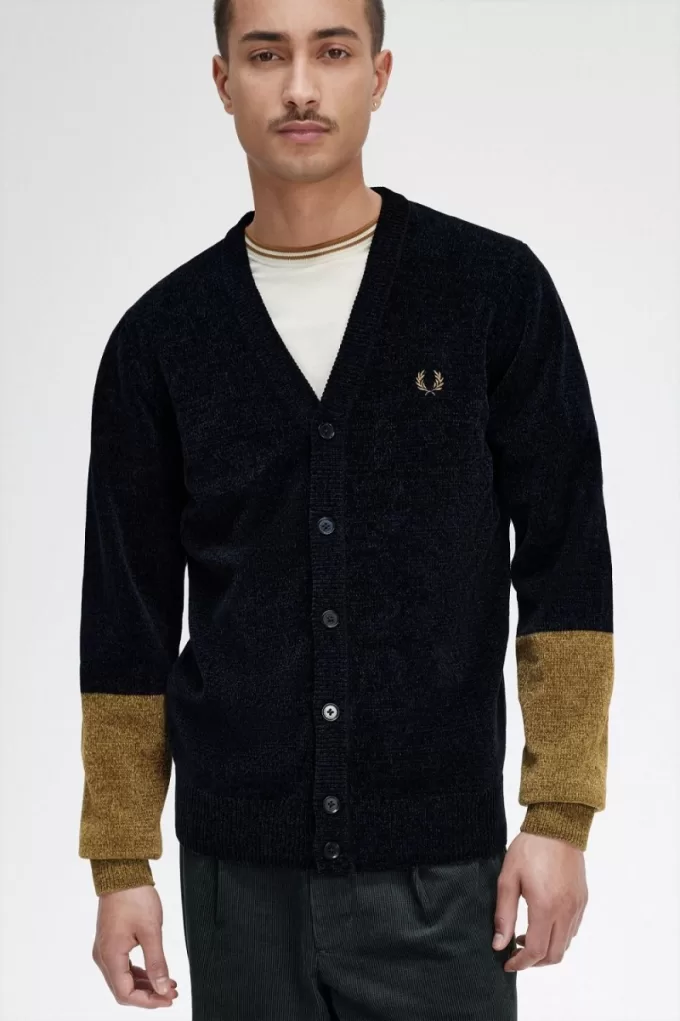 Color Block Chenille Herren-Cardigan Schwarz