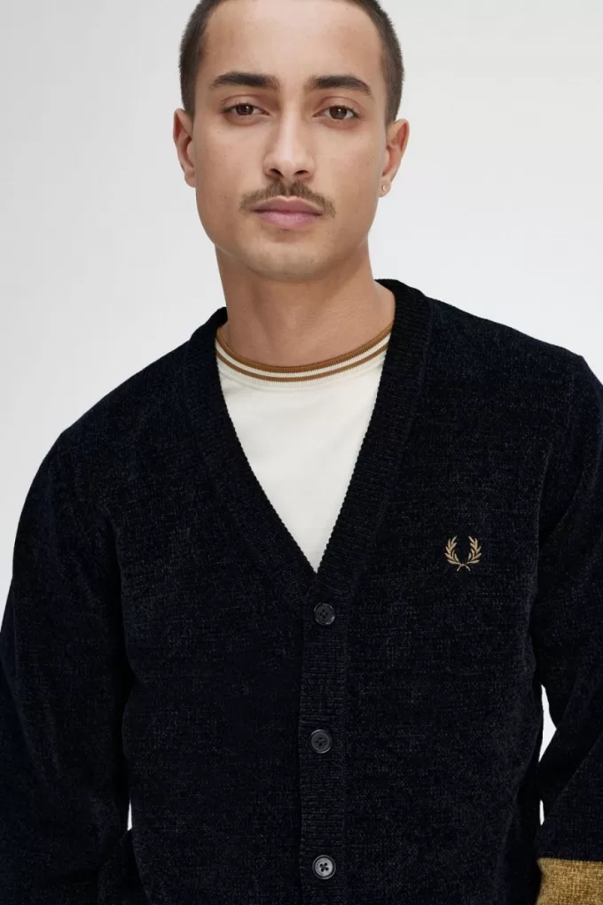 Color Block Chenille Herren-Cardigan Schwarz