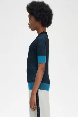 Contrast Rib Kurzarm-Damenpullover Schwarz