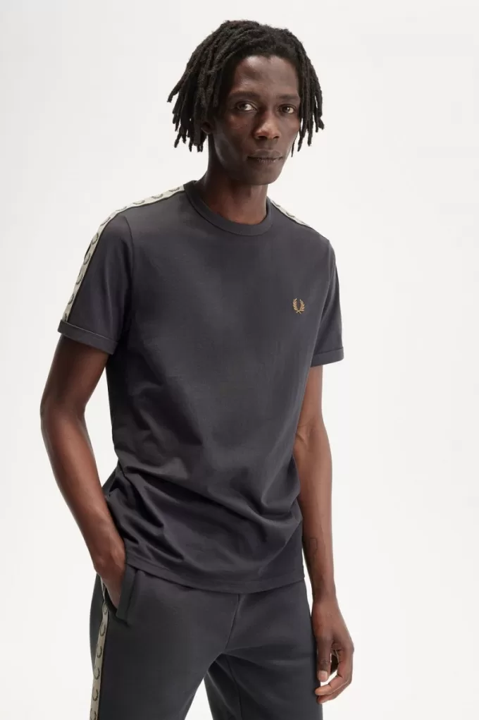 Contrast Tape Ringer Herren T-Shirt Anker Grau Schwarz