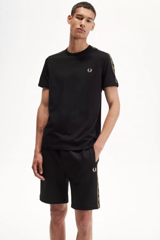 Contrast Tape Ringer Herren T-Shirt Schwarz Grün