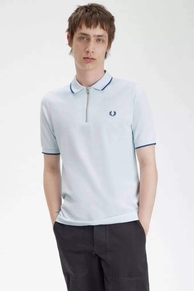 Crepe Pique Herren-Poloshirt mit Reißverschluss, Hellblau