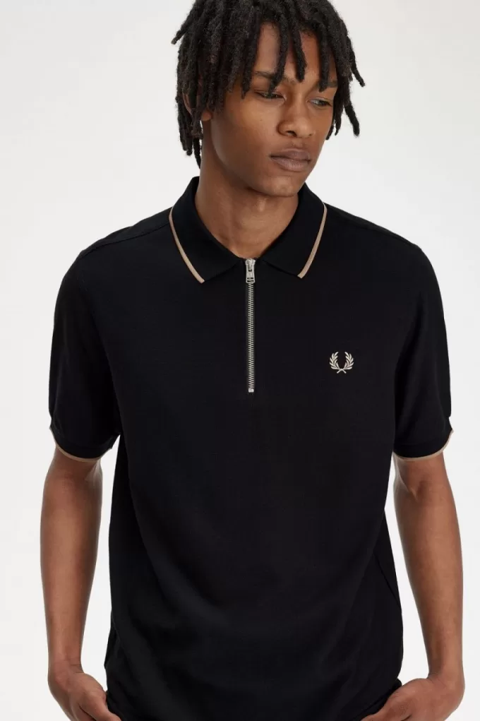 Crepe Pique Herren-Poloshirt mit Reißverschluss, Schwarz