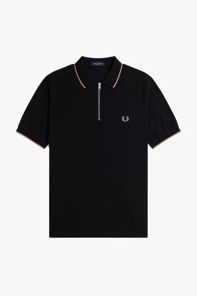 Crepe Pique Herren-Poloshirt mit Reißverschluss, Schwarz