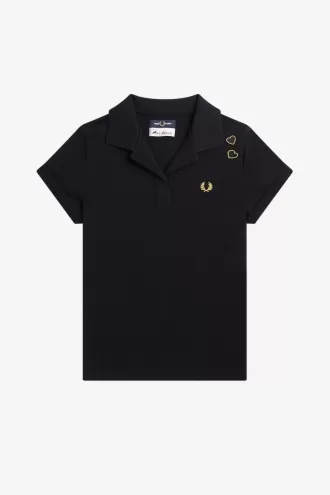 Damen-Poloshirt aus Piqué mit offenem Kragen, Schwarz