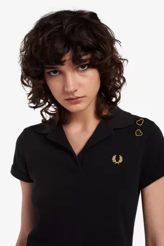 Damen-Poloshirt aus Piqué mit offenem Kragen, Schwarz