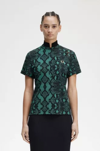 Damen-Poloshirt mit Schlangenmuster Deep Mint