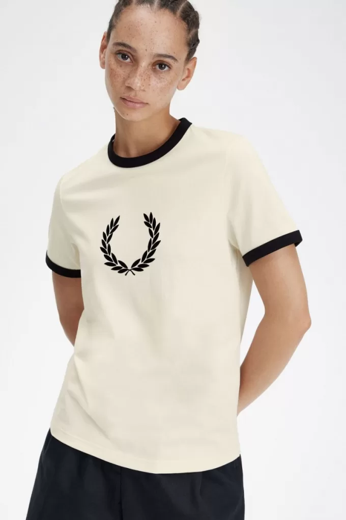 Flocked Laurel Wreath Damen T-Shirt Beige