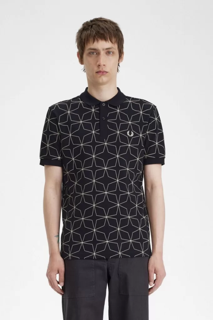Geometrisches Herren-Poloshirt Schwarz