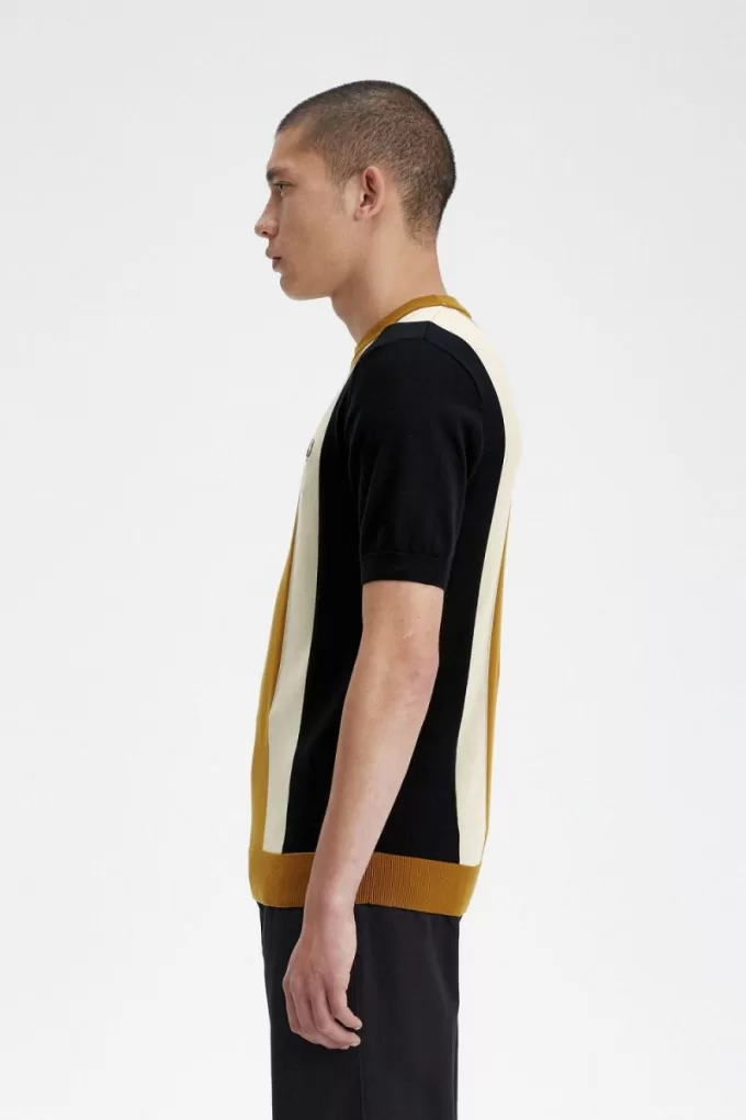 Gestreiftes Feinstrick-Herren-T-Shirt Black Oatmeal Dark Coffee