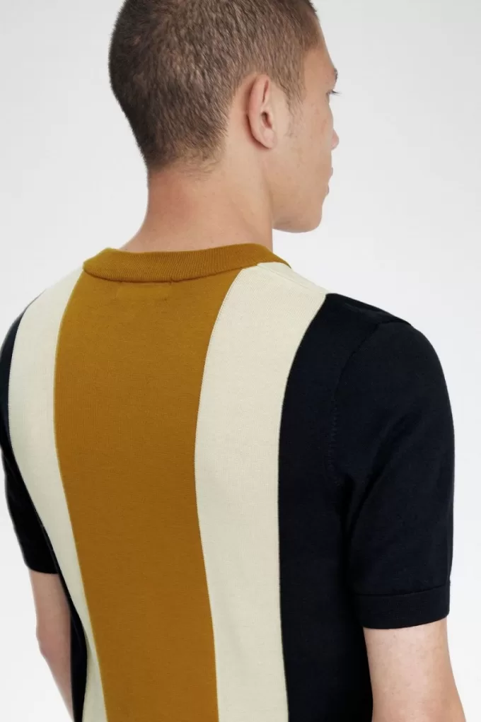 Gestreiftes Feinstrick-Herren-T-Shirt Black Oatmeal Dark Coffee