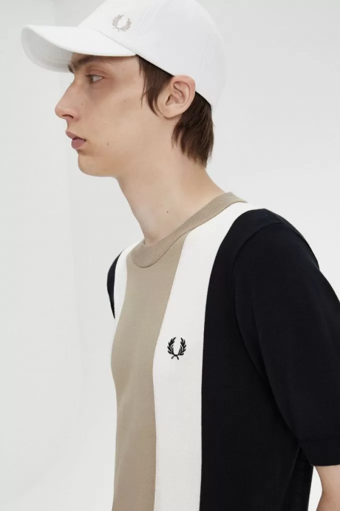 Gestreiftes Feinstrick-Herren-T-Shirt Schwarz Schneeweiß Warmgrau