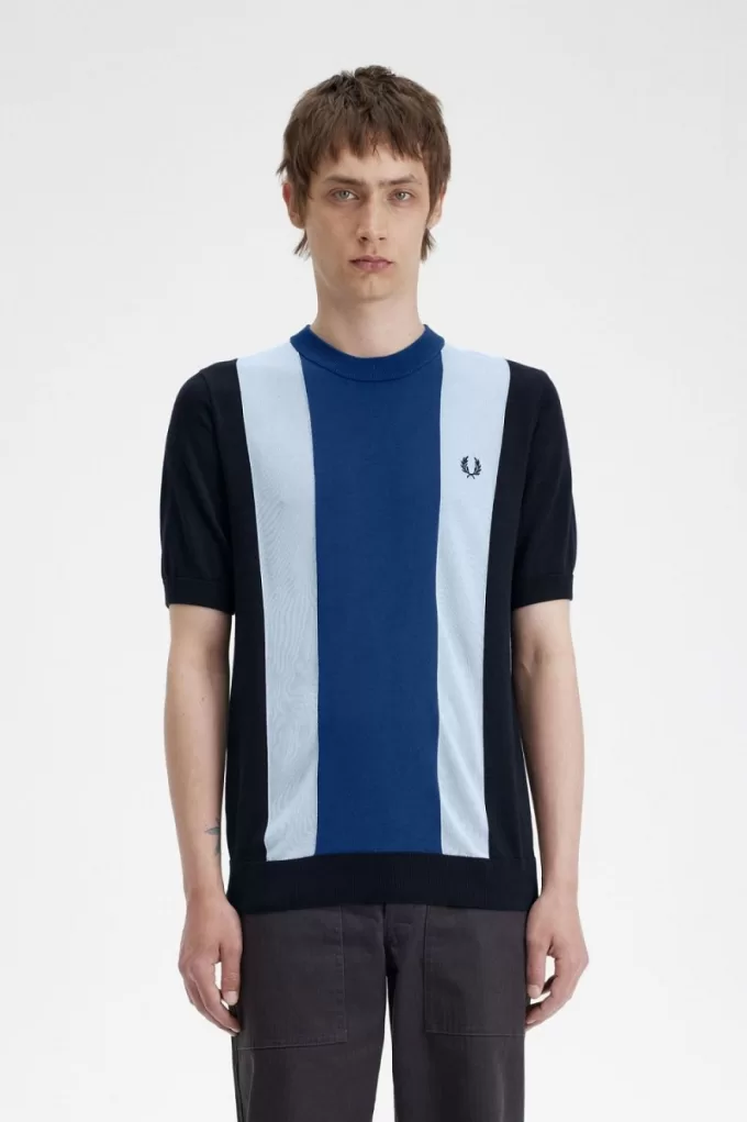 Gestreiftes Feinstrick-T-Shirt für Herren von Fred Perry, Marineblau, Türkis und Kobaltblau Gestreiftes Feinstrick-T-Shirt für Herren von Fred Perry, Marineblau, Türkis und Kobaltblau