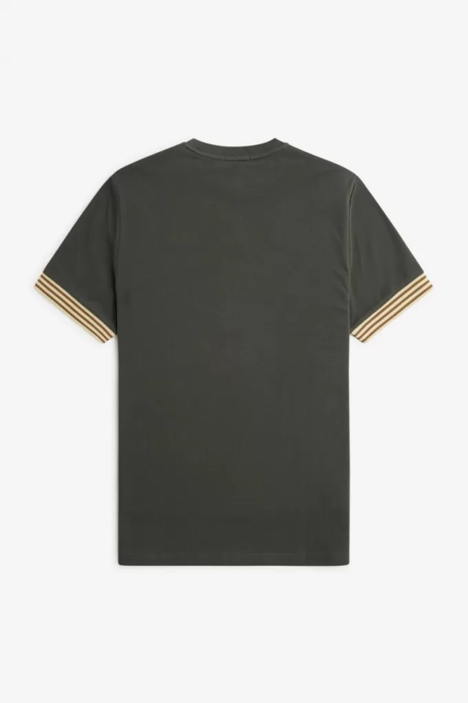 Gestreiftes Manschetten-T-Shirt für Herren, Feldgrün Gestreiftes Manschetten-T-Shirt für Herren, Feldgrün