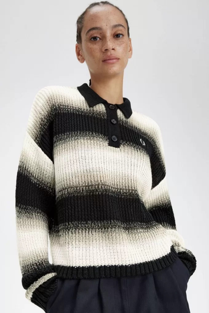 Gestreiftes Open-Strick-Damenhemd Schwarz