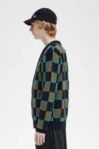 Glitch Checkerboard Herren-Cardigan, Uniformgrün, Schwarz