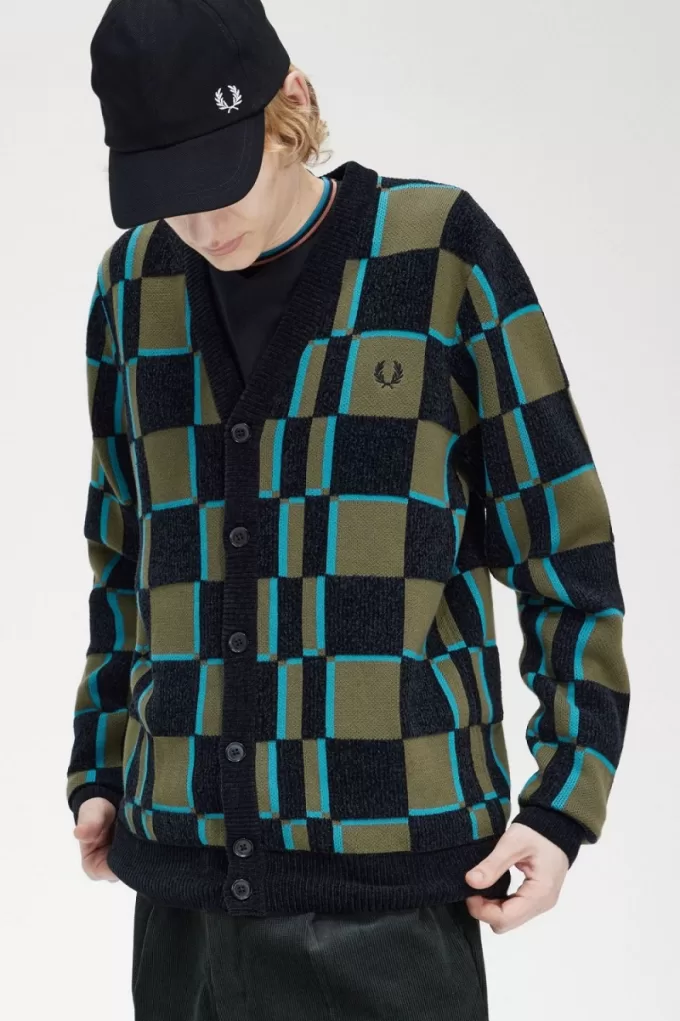 Glitch Checkerboard Herren-Cardigan, Uniformgrün, Schwarz