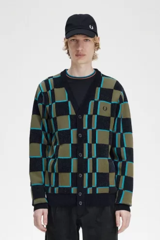 Glitch Checkerboard Herren-Cardigan, Uniformgrün, Schwarz