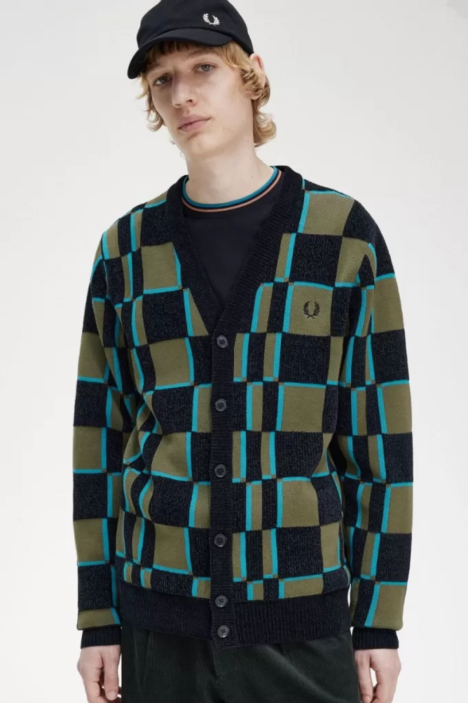 Glitch Checkerboard Herren-Cardigan, Uniformgrün, Schwarz