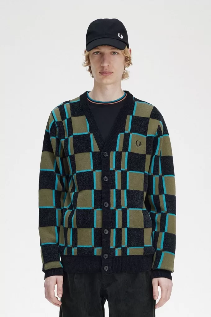 Glitch Checkerboard Herren-Cardigan, Uniformgrün, Schwarz