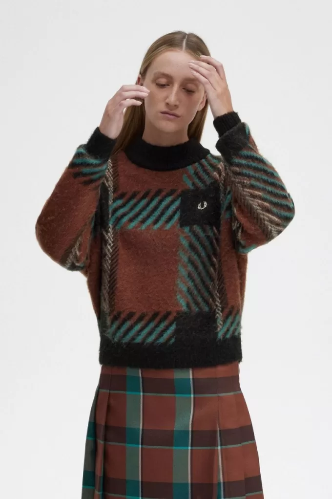 Glitch Tartan Damenpullover Whiskey Brown