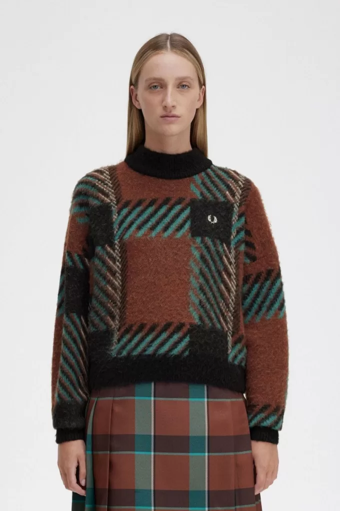 Glitch Tartan Damenpullover Whiskey Brown