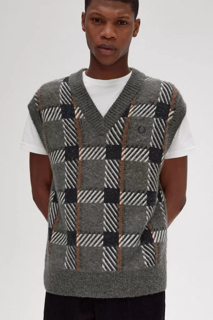 Glitch Tartan Gestricktes Herren-Tanktop Feldgrün