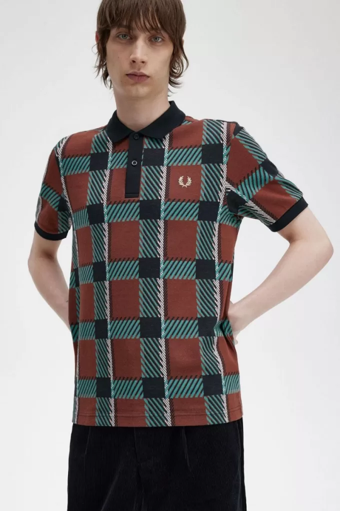Glitch Tartan Herren-Poloshirt Whiskey Brown