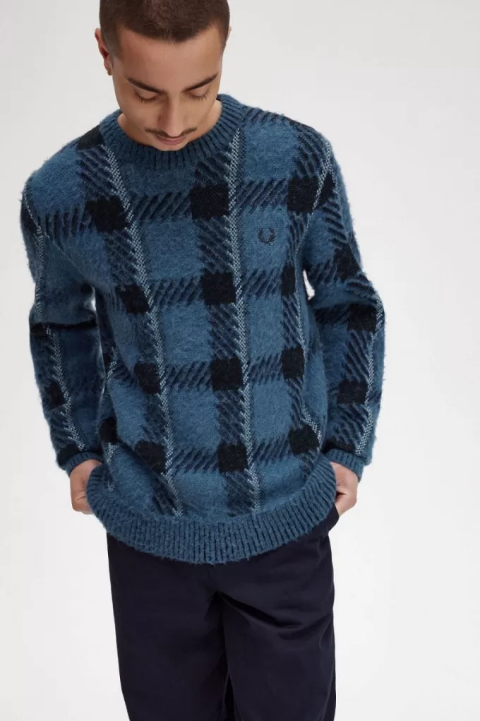 Glitch Tartan Herrenpullover Mitternachtsblau