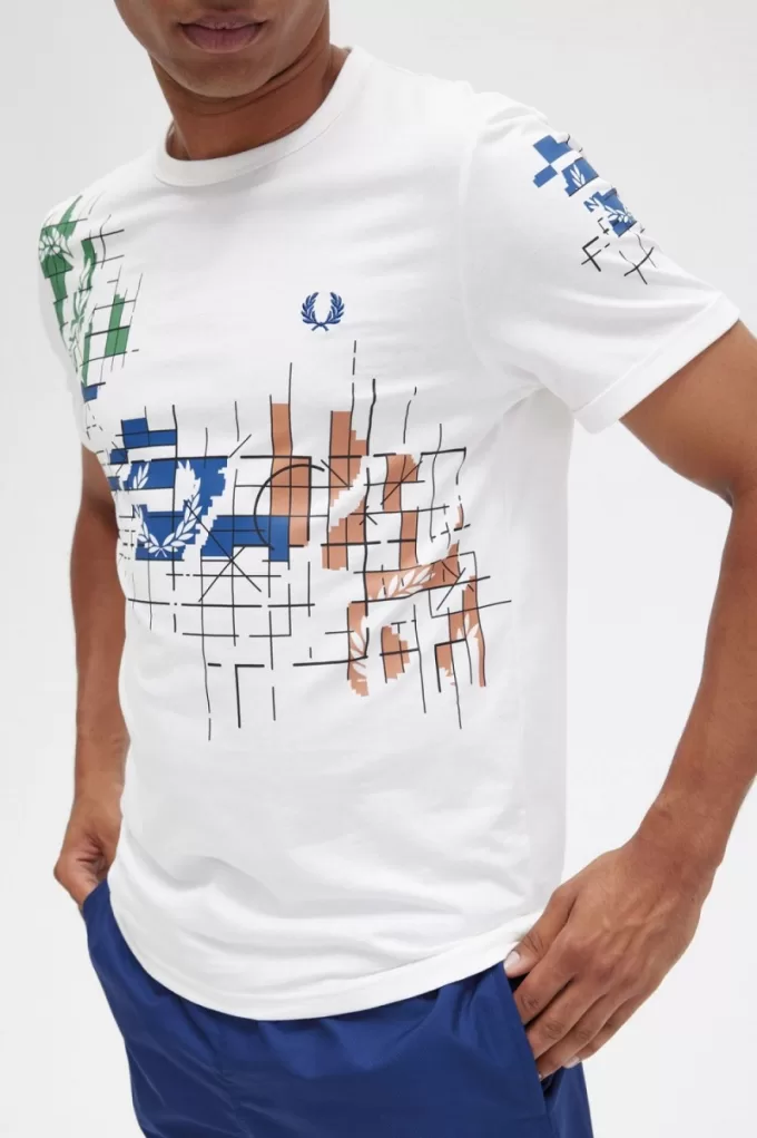 Grid Print Herren T-Shirt Schneeweiß