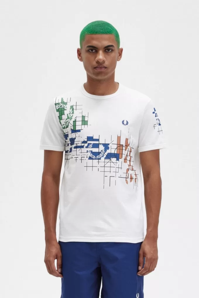 Grid Print Herren T-Shirt Schneeweiß