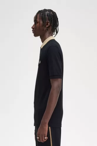 Herren-Poloshirt mit Schachbrettkragen, Schwarz