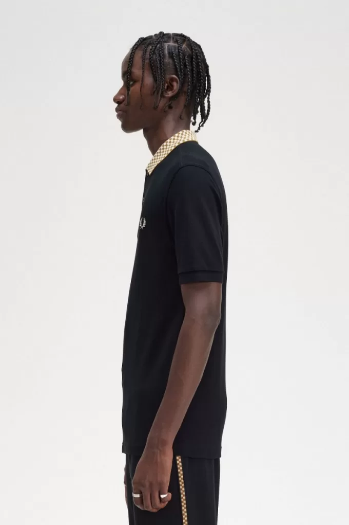 Herren-Poloshirt mit Schachbrettkragen, Schwarz Herren-Poloshirt mit Schachbrettkragen, Schwarz