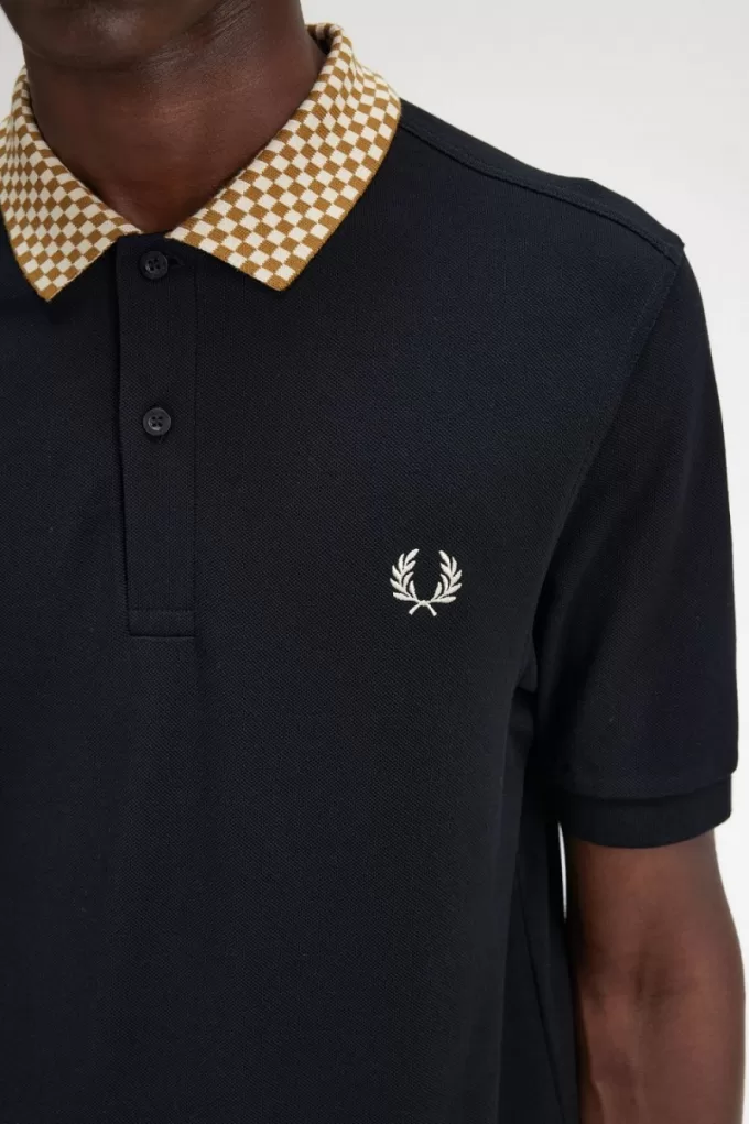 Herren-Poloshirt mit Schachbrettkragen, Schwarz Herren-Poloshirt mit Schachbrettkragen, Schwarz
