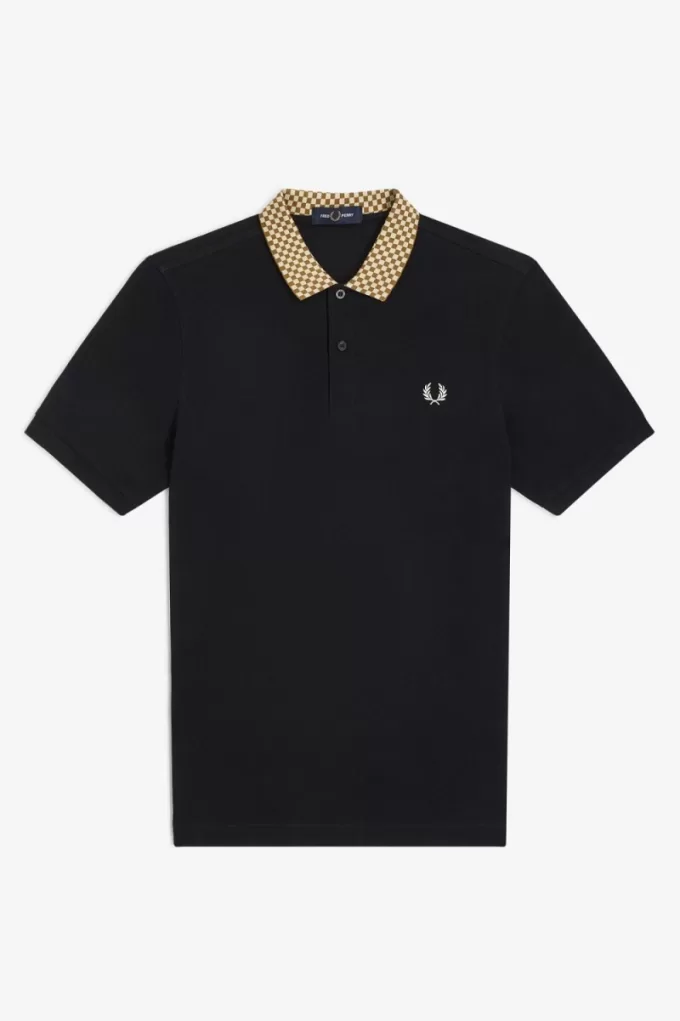 Herren-Poloshirt mit Schachbrettkragen, Schwarz Herren-Poloshirt mit Schachbrettkragen, Schwarz