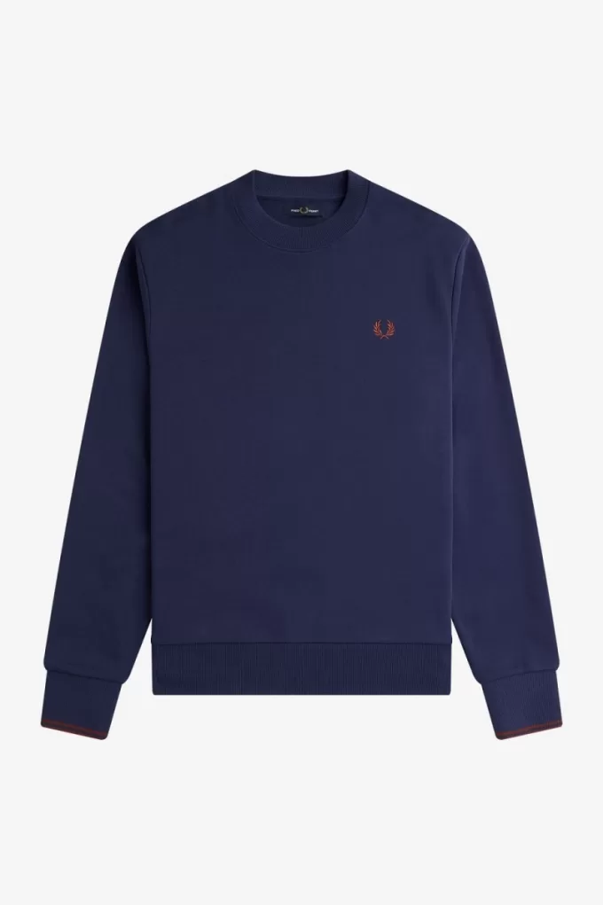 Herren-Sweatshirt mit Rundhalsausschnitt, französisches Marineblau, Whiskybraun
