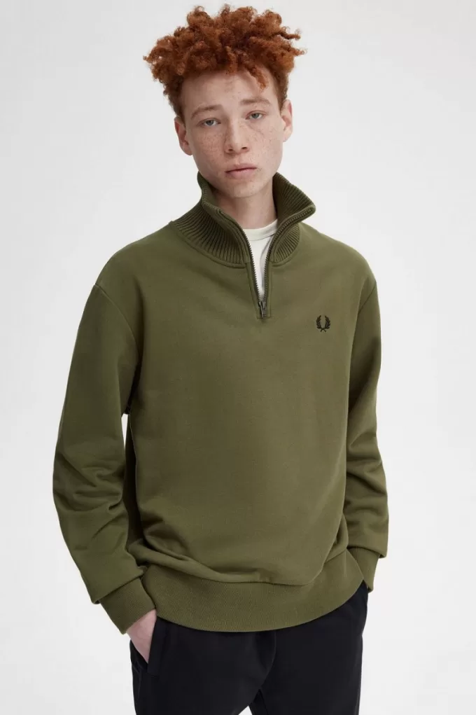 Herren-Sweatshirt mit gestricktem Rand und Reißverschluss, Uniformgrün