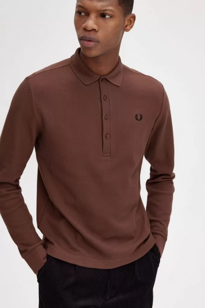 Honeycomb Cotton Langarm-Herren-Poloshirt Whiskey Brown