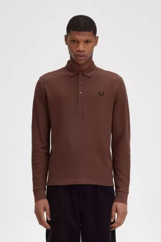 Honeycomb Cotton Langarm-Herren-Poloshirt Whiskey Brown