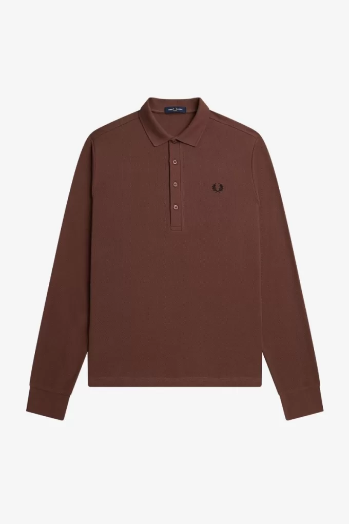 Honeycomb Cotton Langarm-Herren-Poloshirt Whiskey Brown