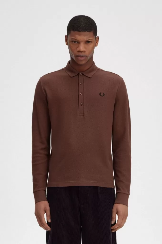 Honeycomb Cotton Langarm-Herren-Poloshirt Whiskey Brown