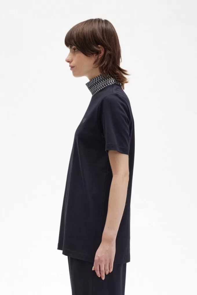 Jacquard Trim High Neck Damen T-Shirt Marineblau