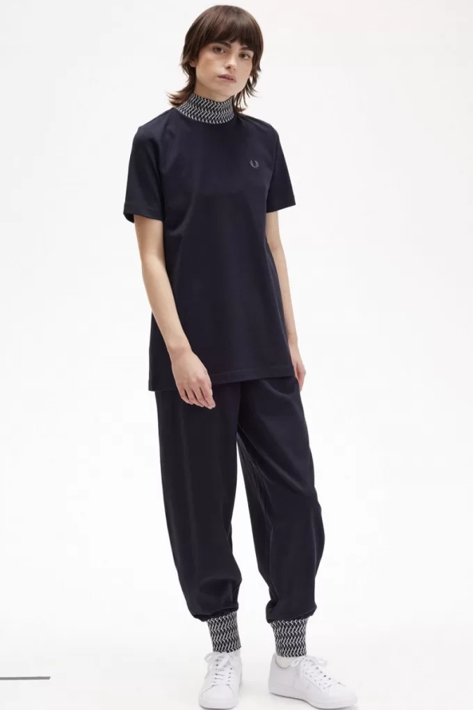 Jacquard Trim High Neck Damen T-Shirt Marineblau