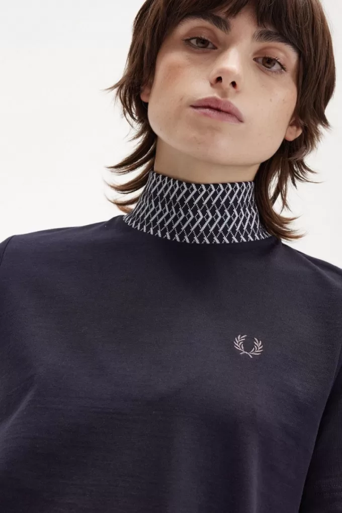 Jacquard Trim High Neck Damen T-Shirt Marineblau