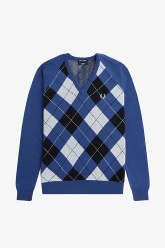 Lambswool Argyle V-Neck Herrenpullover Kobalt