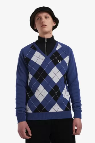 Lambswool Argyle V-Neck Herrenpullover Kobalt