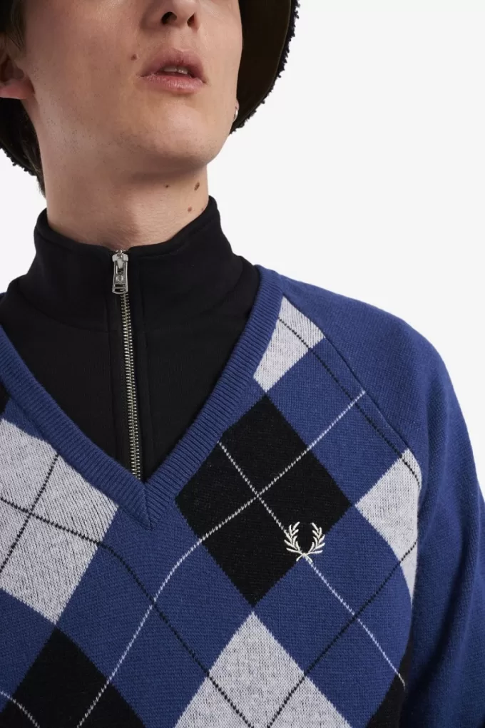 Lambswool Argyle V-Neck Herrenpullover Kobalt