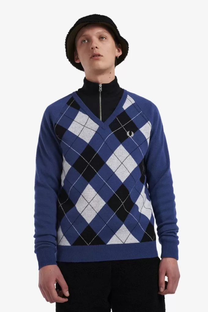 Lambswool Argyle V-Neck Herrenpullover Kobalt